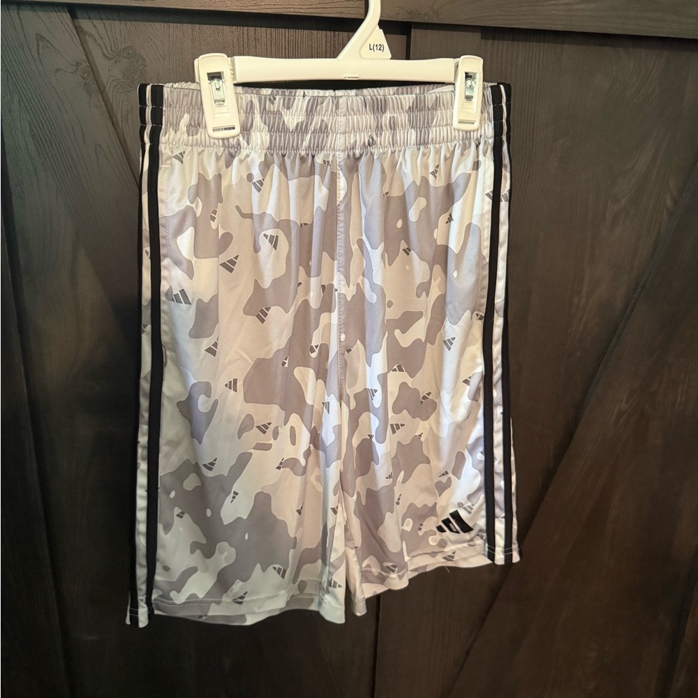 Adidas Gray Camo Shorts with Black Stripes